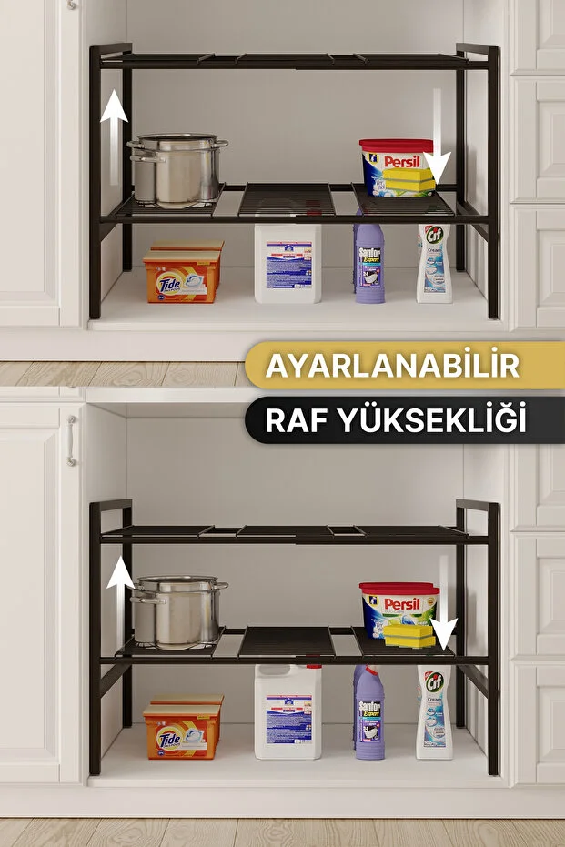 Dolap İçi Tezgah Altı Raf Metal Ayarlanabilir Organizer Mutfak Banyo Çok Amaçlı Düzenleyici